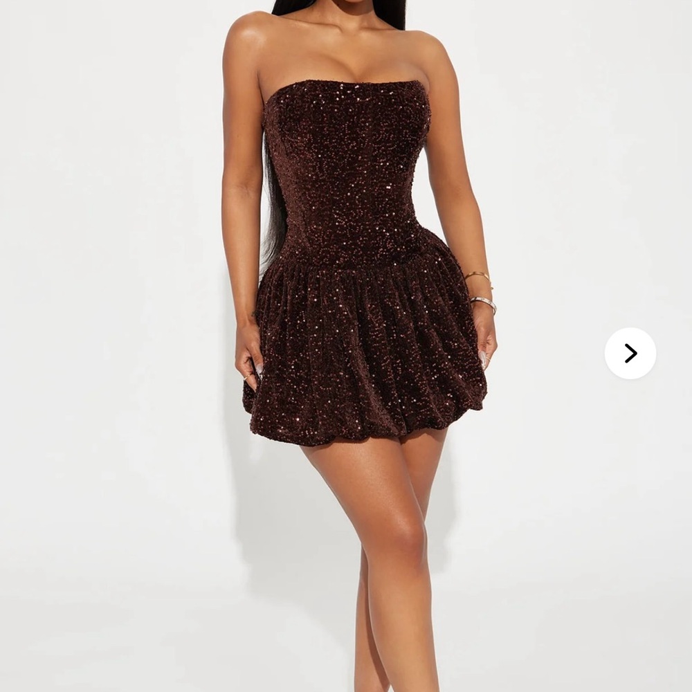 Fashion Nova Brown Sequin Ruched Strapless Bubble Dress